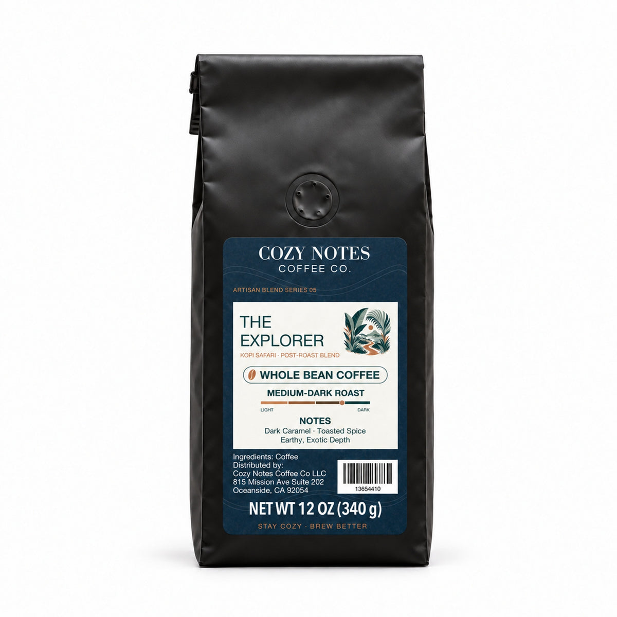 Cozy Notes Coffee THE EXPLORER, whole bean coffee, 12oz, medium-dark roast — front product view on white
