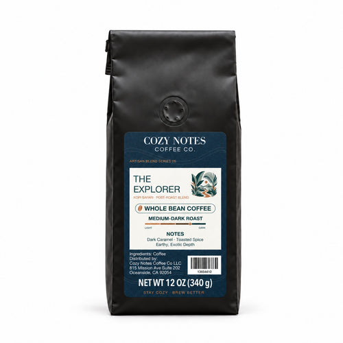 Cozy Notes Coffee THE EXPLORER, whole bean coffee, 12oz, medium-dark roast — front product view on white