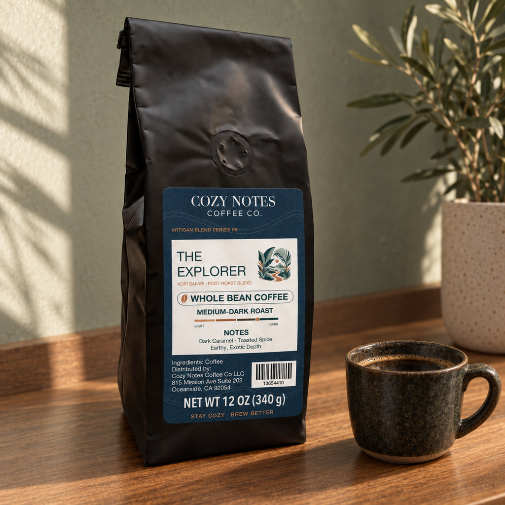 Cozy Notes Coffee THE EXPLORER, whole bean coffee, 12oz, medium-dark roast — coffee setting