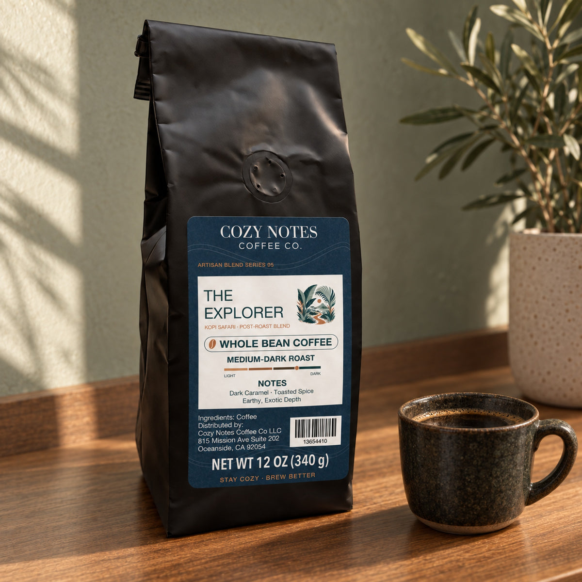 Cozy Notes Coffee THE EXPLORER, whole bean coffee, 12oz, medium-dark roast — coffee setting