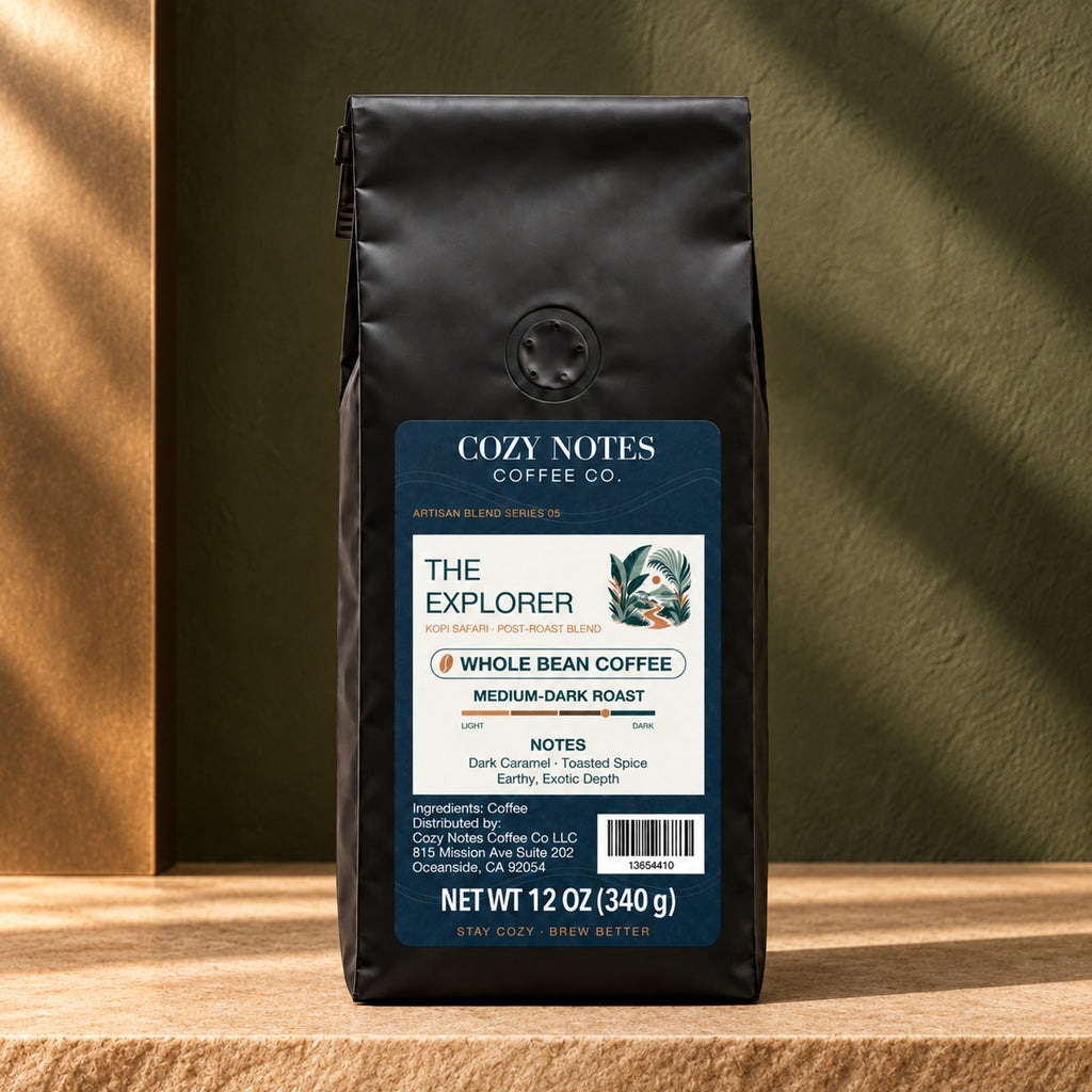 Cozy Notes Coffee THE EXPLORER, whole bean coffee, 12oz, medium-dark roast — editorial product photograph