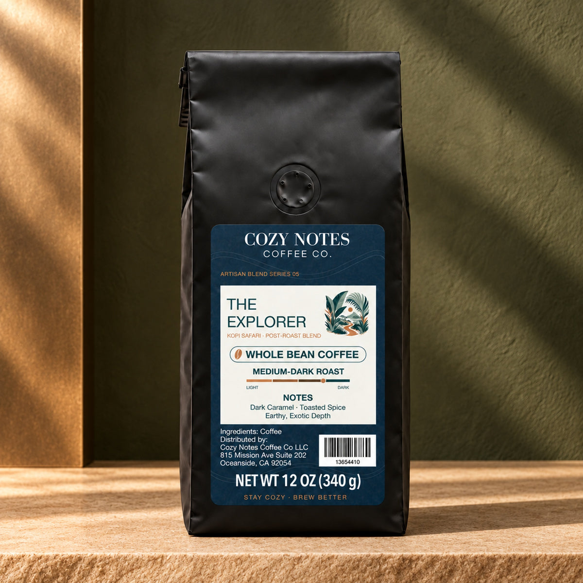 Cozy Notes Coffee THE EXPLORER, whole bean coffee, 12oz, medium-dark roast — editorial product photograph