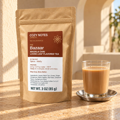 The Bazaar masala chai loose leaf tea, 3 oz — premium tea serving scene with the updated Cozy Notes label.