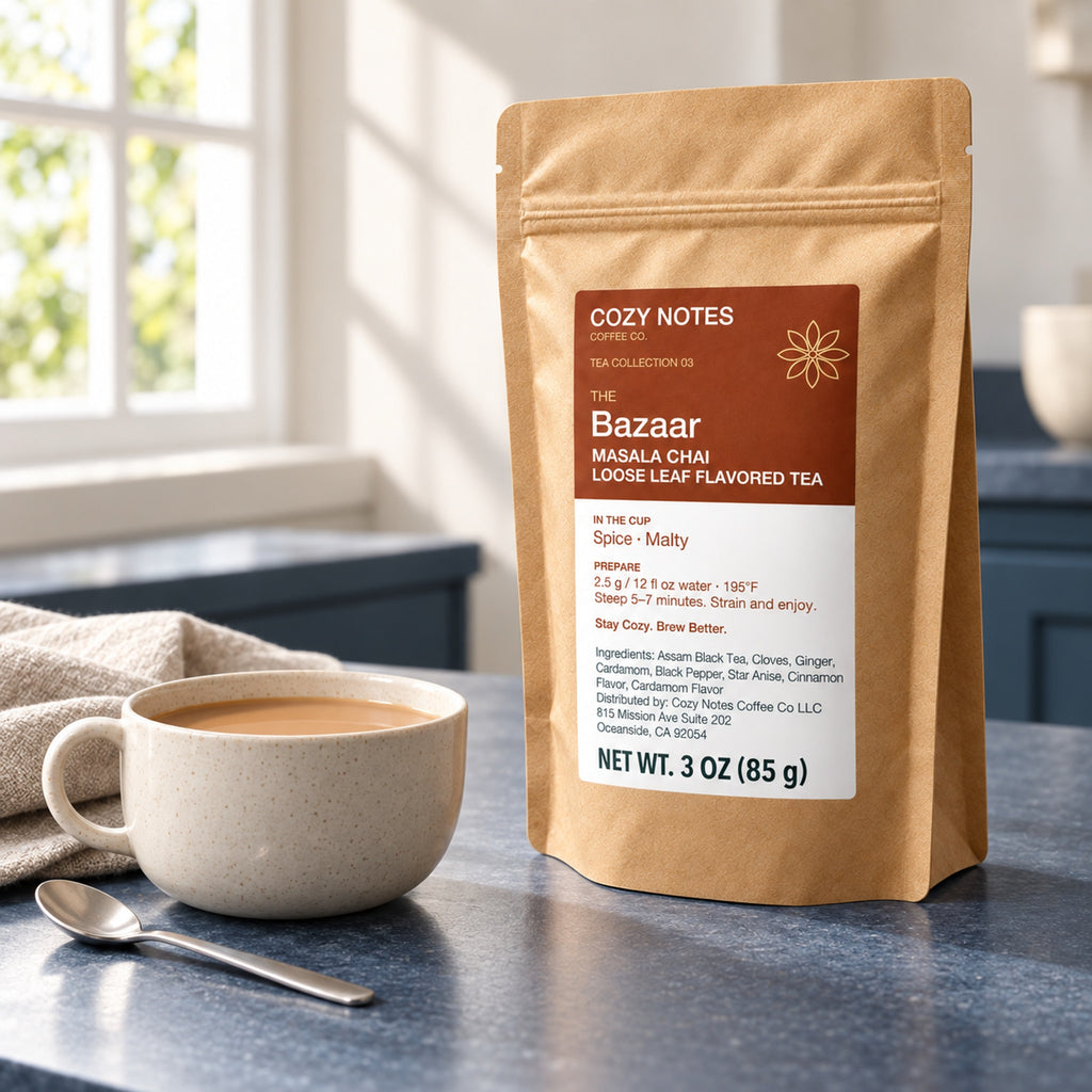 The Bazaar masala chai loose leaf tea, 3 oz — premium tea serving scene with the updated Cozy Notes label.