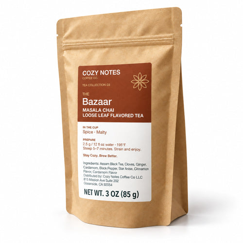 The Bazaar masala chai loose leaf tea, 3 oz — angled pouch on white background.