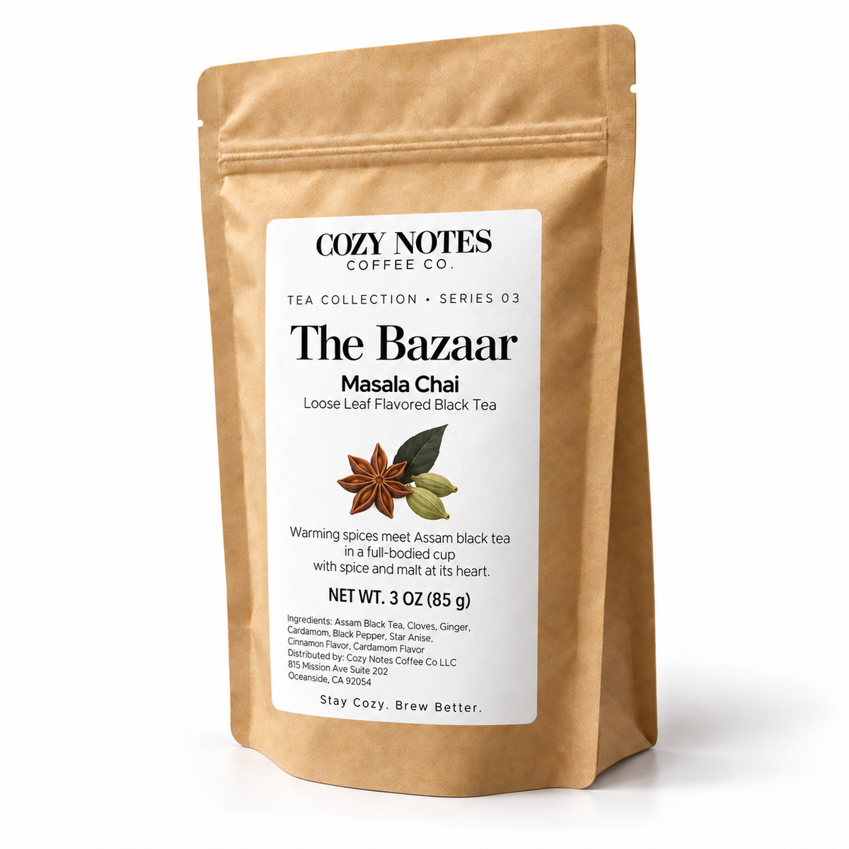 The Bazaar — masala chai tea, pouch on white background, new Cozy Notes Tea Collection label.