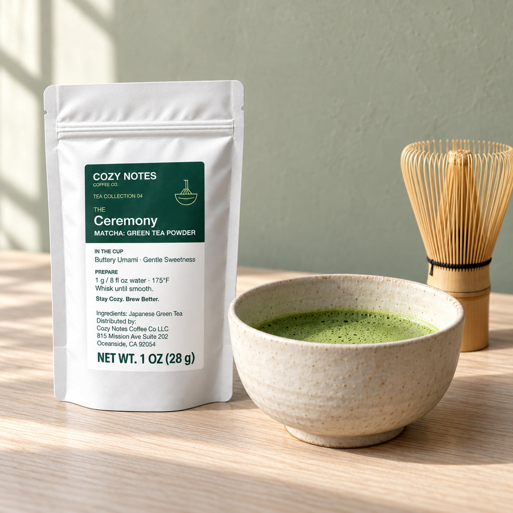 The Ceremony matcha green tea powder, 1 oz — premium tea serving scene with the updated Cozy Notes label.
