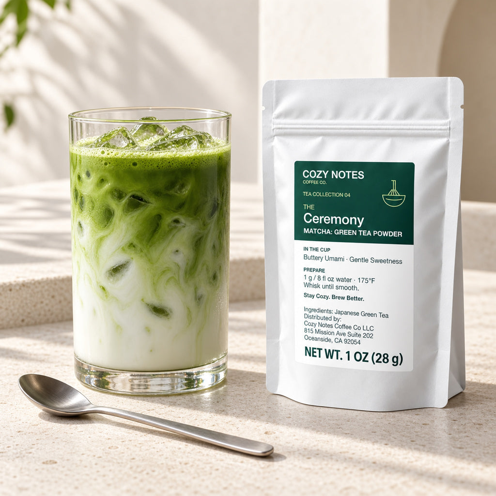 The Ceremony matcha green tea powder, 1 oz — premium tea serving scene with the updated Cozy Notes label.