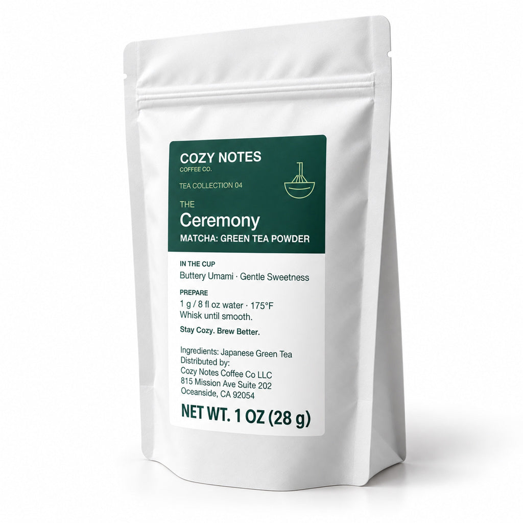 The Ceremony matcha green tea powder, 1 oz — angled pouch on white background.