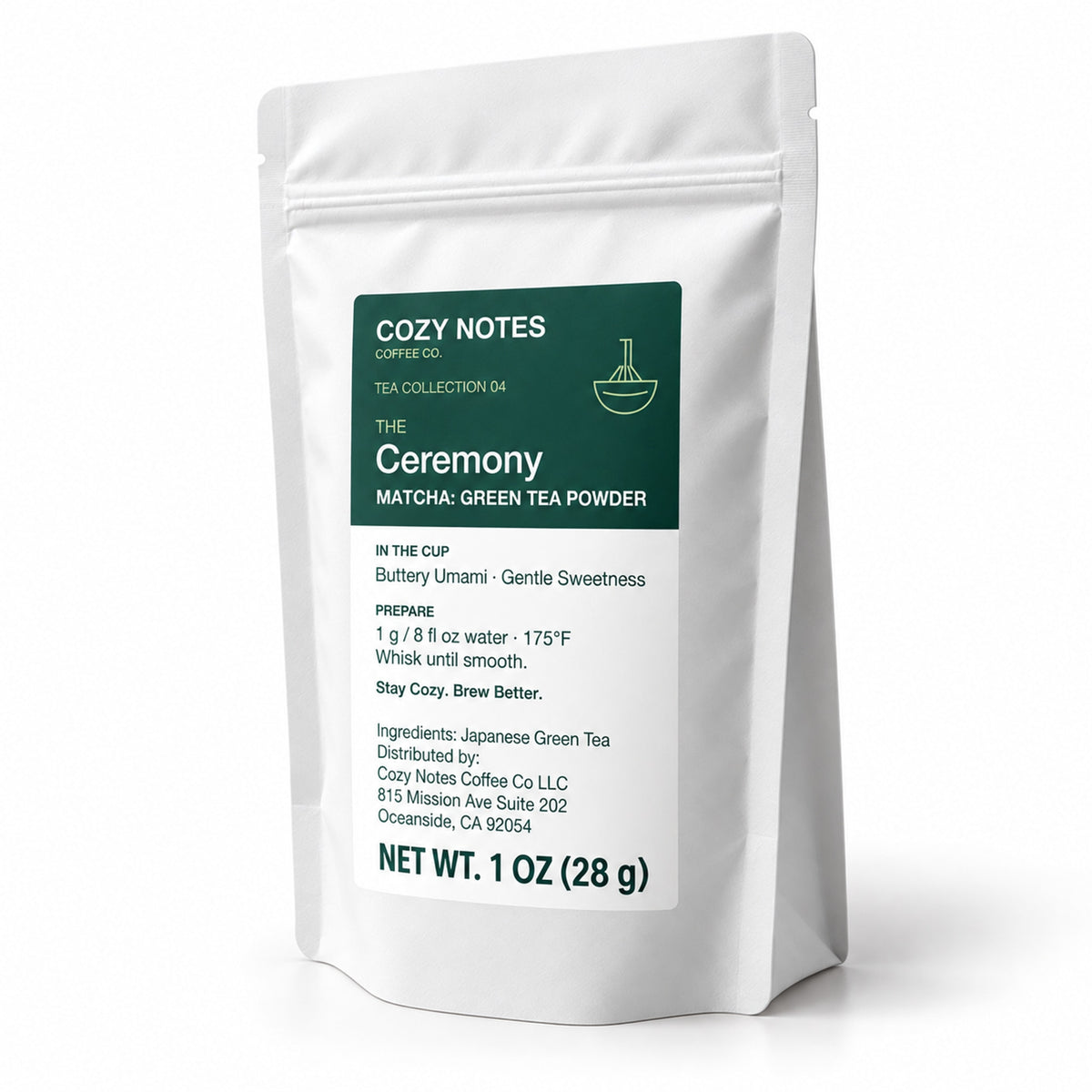 The Ceremony matcha green tea powder, 1 oz — angled pouch on white background.