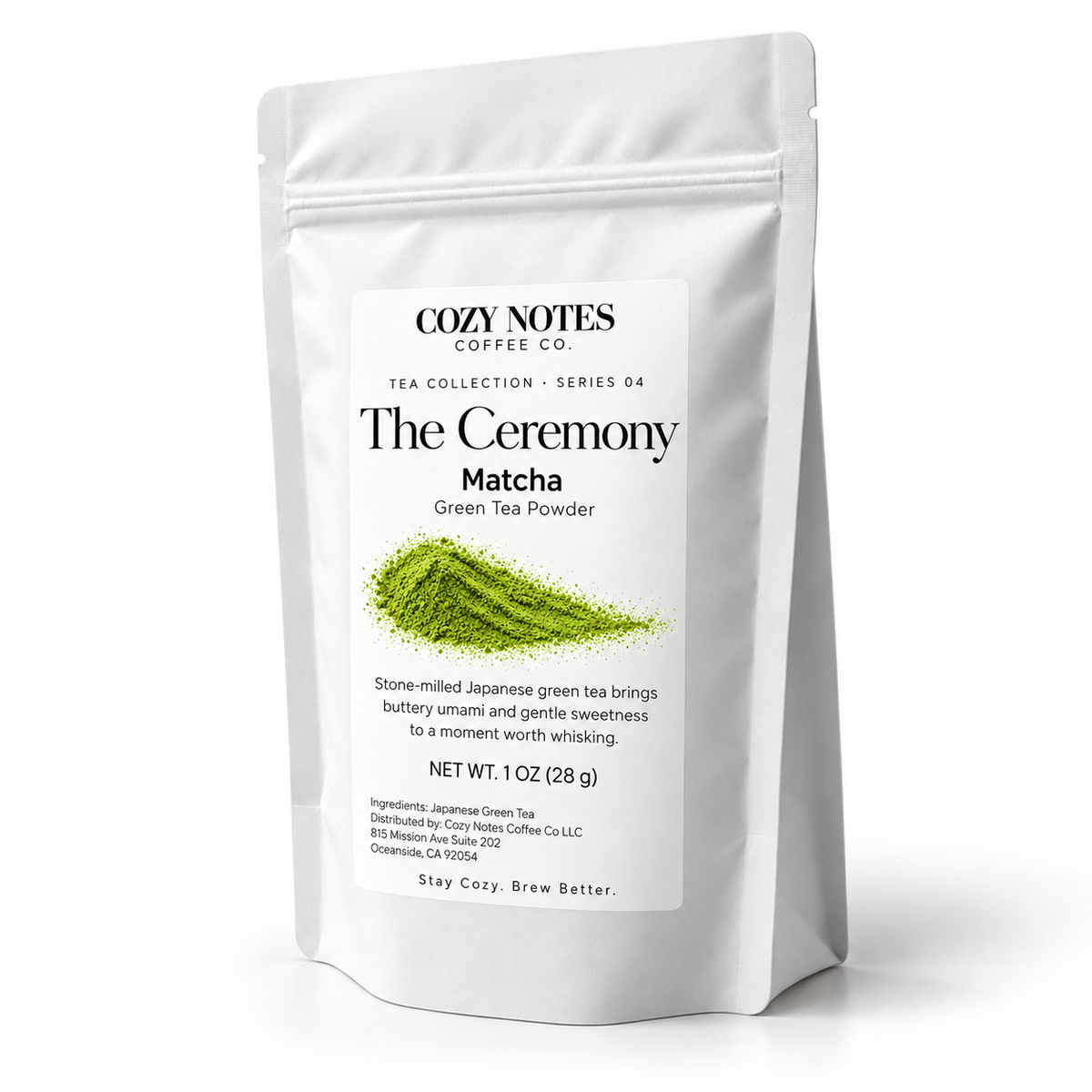 The Ceremony — matcha tea, pouch on white background, new Cozy Notes Tea Collection label.