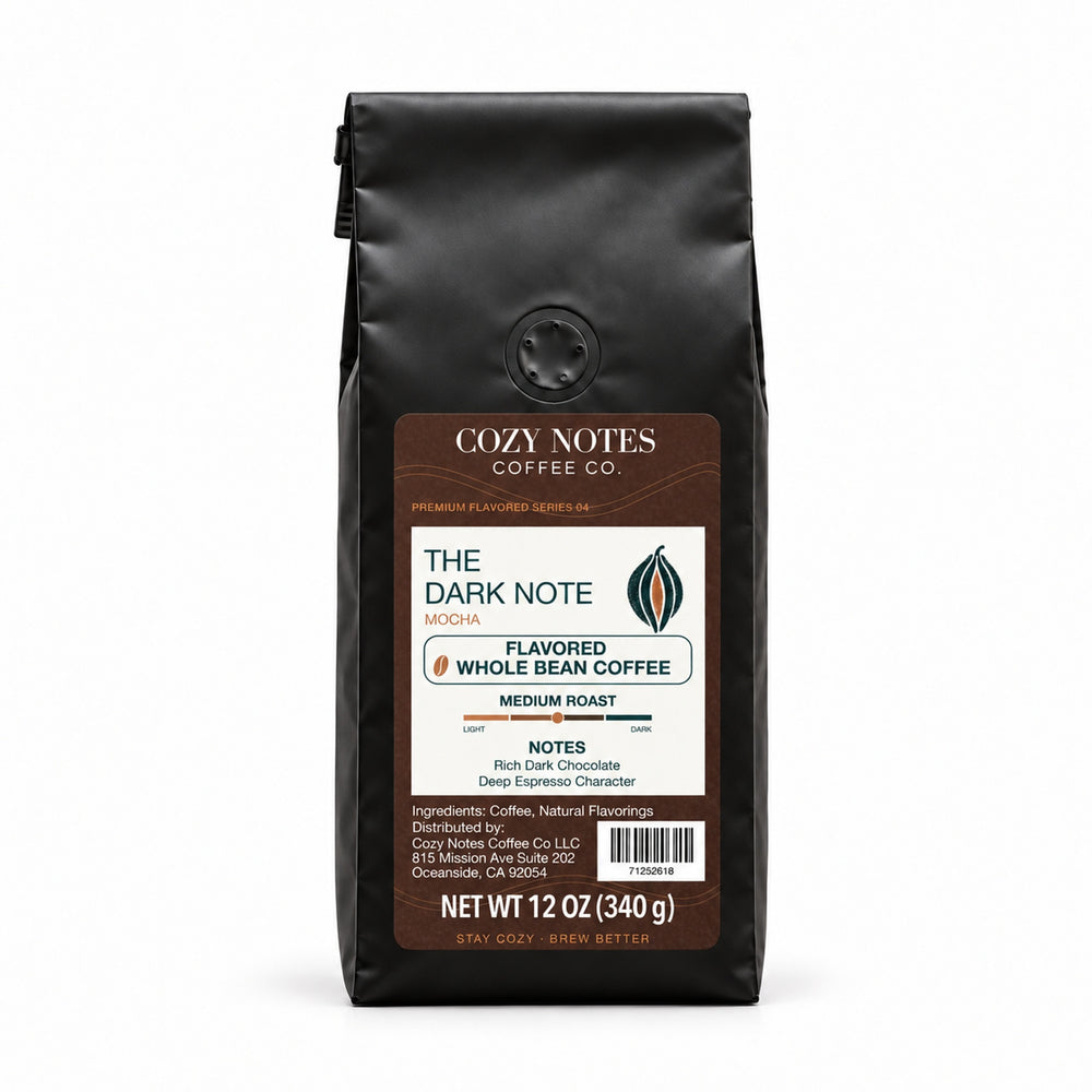 THE DARK NOTE, flavored whole bean coffee, medium roast, 12oz — main photograph.