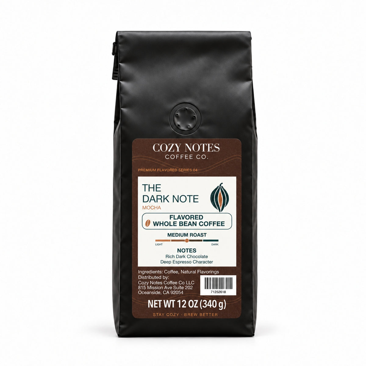 THE DARK NOTE, flavored whole bean coffee, medium roast, 12oz — main photograph.