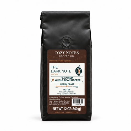 THE DARK NOTE, flavored whole bean coffee, medium roast, 12oz — main photograph.