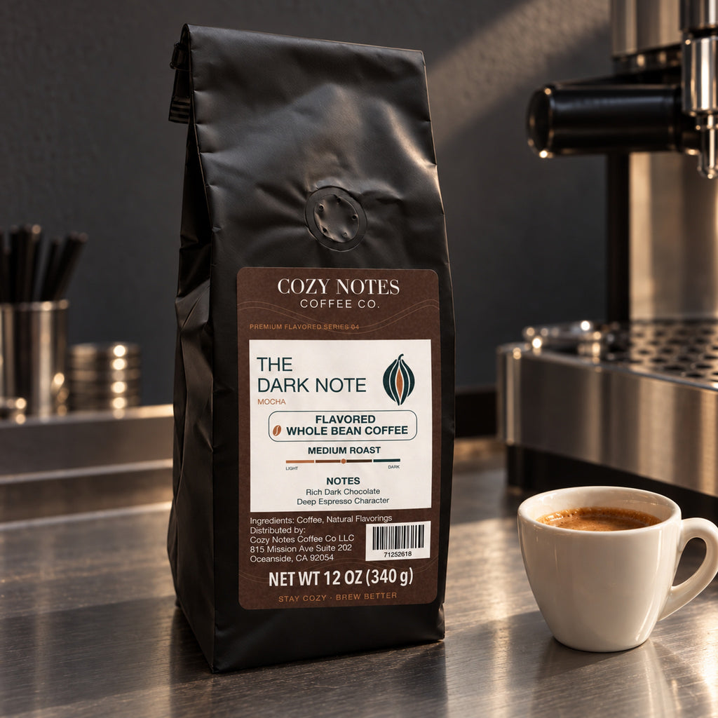 THE DARK NOTE, flavored whole bean coffee, medium roast, 12oz — lifestyle photograph.