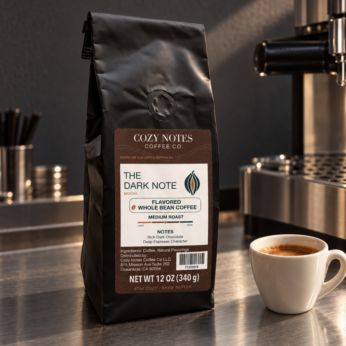 THE DARK NOTE, flavored whole bean coffee, medium roast, 12oz — lifestyle photograph.