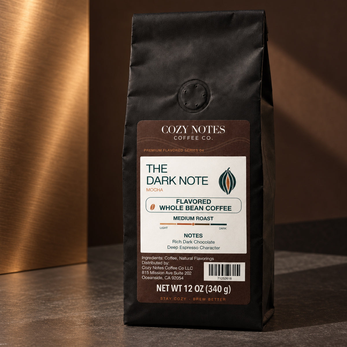 THE DARK NOTE, flavored whole bean coffee, medium roast, 12oz — editorial photograph.