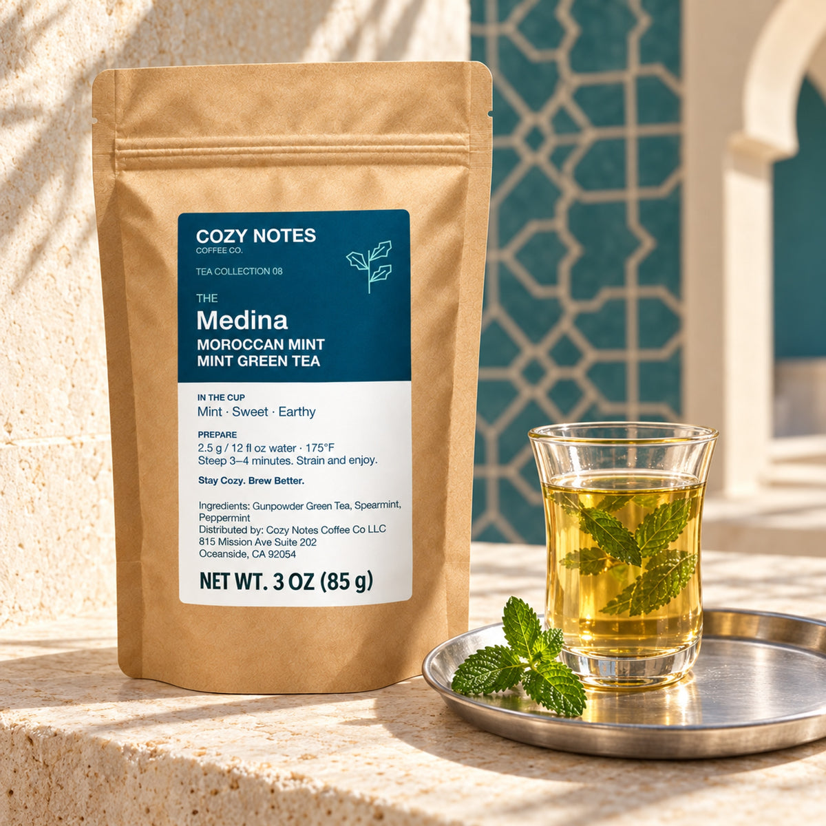 The Medina Moroccan mint green tea, 3 oz — premium tea serving scene with the updated Cozy Notes label.