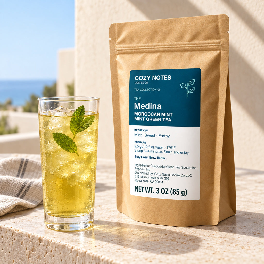 The Medina Moroccan mint green tea, 3 oz — premium tea serving scene with the updated Cozy Notes label.