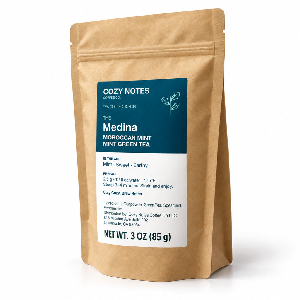 The Medina Moroccan mint green tea, 3 oz — angled pouch on white background.