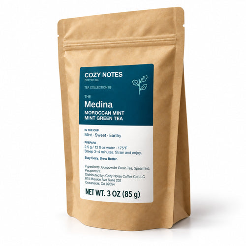 The Medina Moroccan mint green tea, 3 oz — angled pouch on white background.