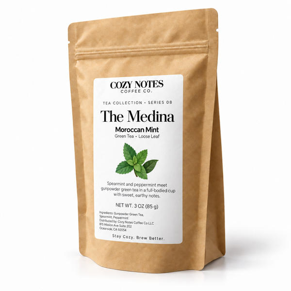 The Medina — moroccan mint tea, pouch on white background, new Cozy Notes Tea Collection label.
