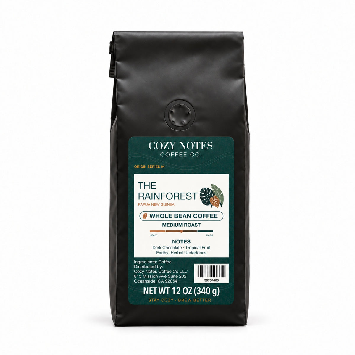 The Rainforest Papua New Guinea medium roast whole bean coffee, 12 oz — main photograph.