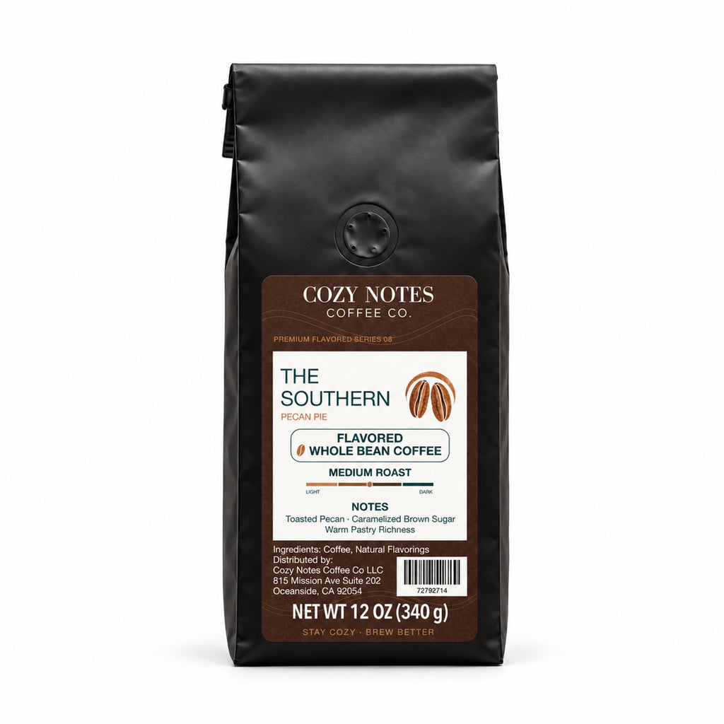 The Southern pecan pie flavored whole bean coffee, medium roast, 12 oz — main photograph.