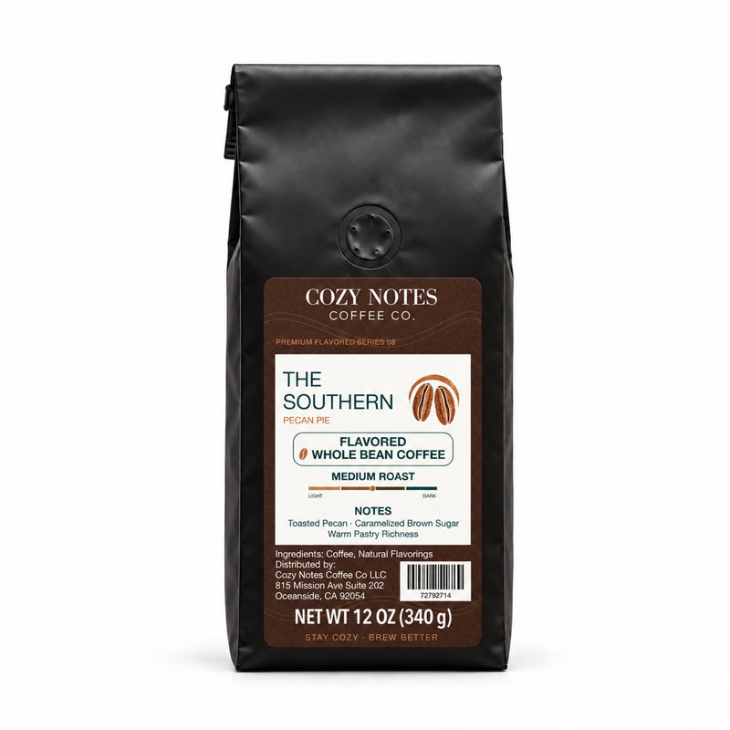 The Southern pecan pie flavored whole bean coffee, medium roast, 12 oz — main photograph.