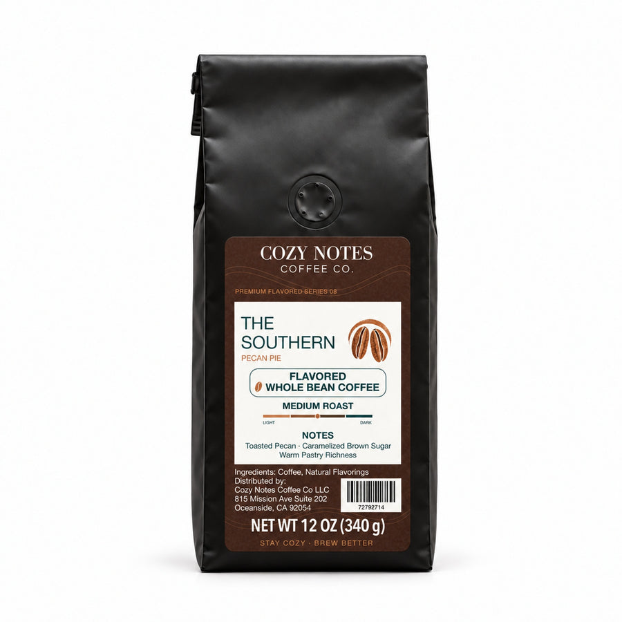 The Southern pecan pie flavored whole bean coffee, medium roast, 12 oz.