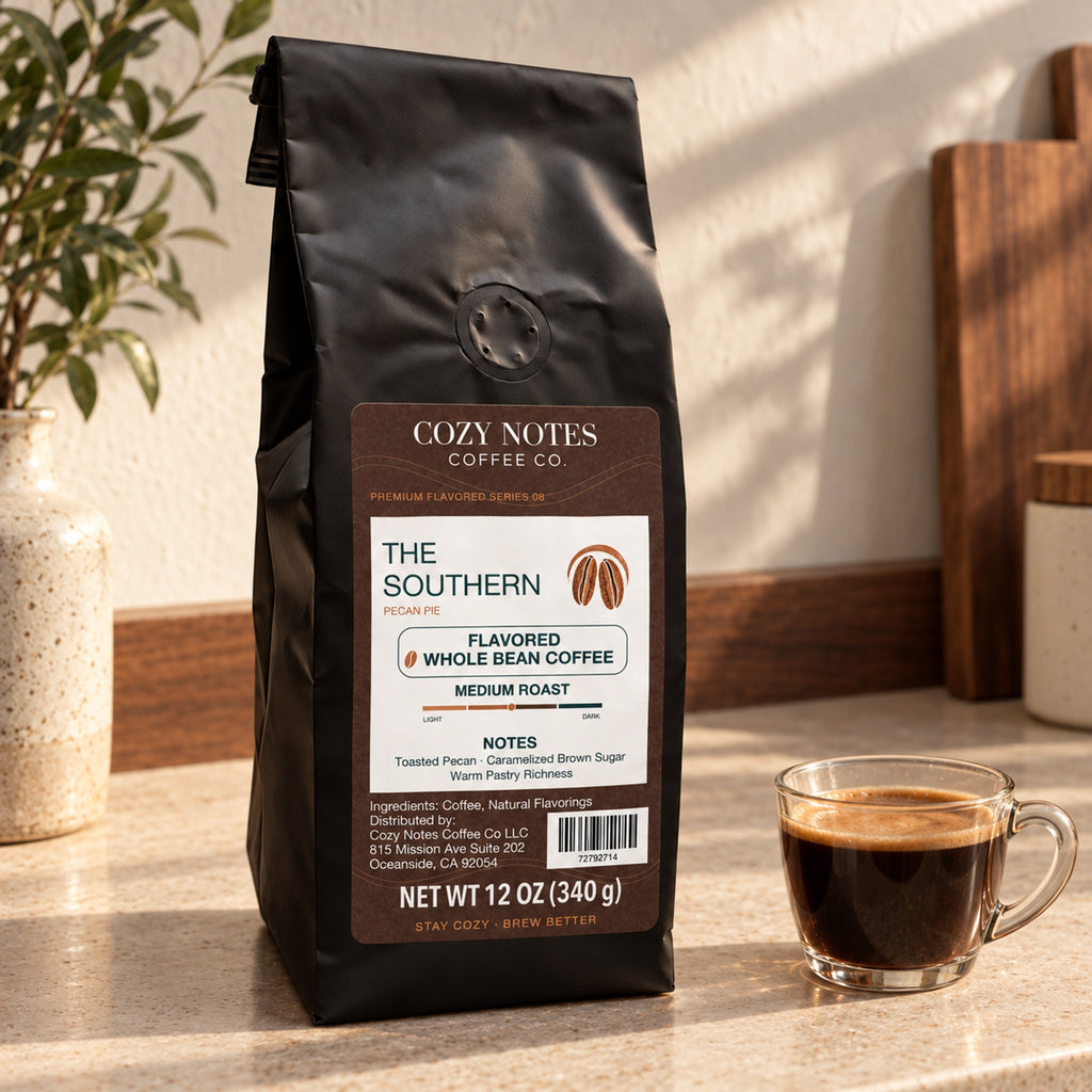 The Southern pecan pie flavored whole bean coffee, medium roast, 12 oz — lifestyle photograph.