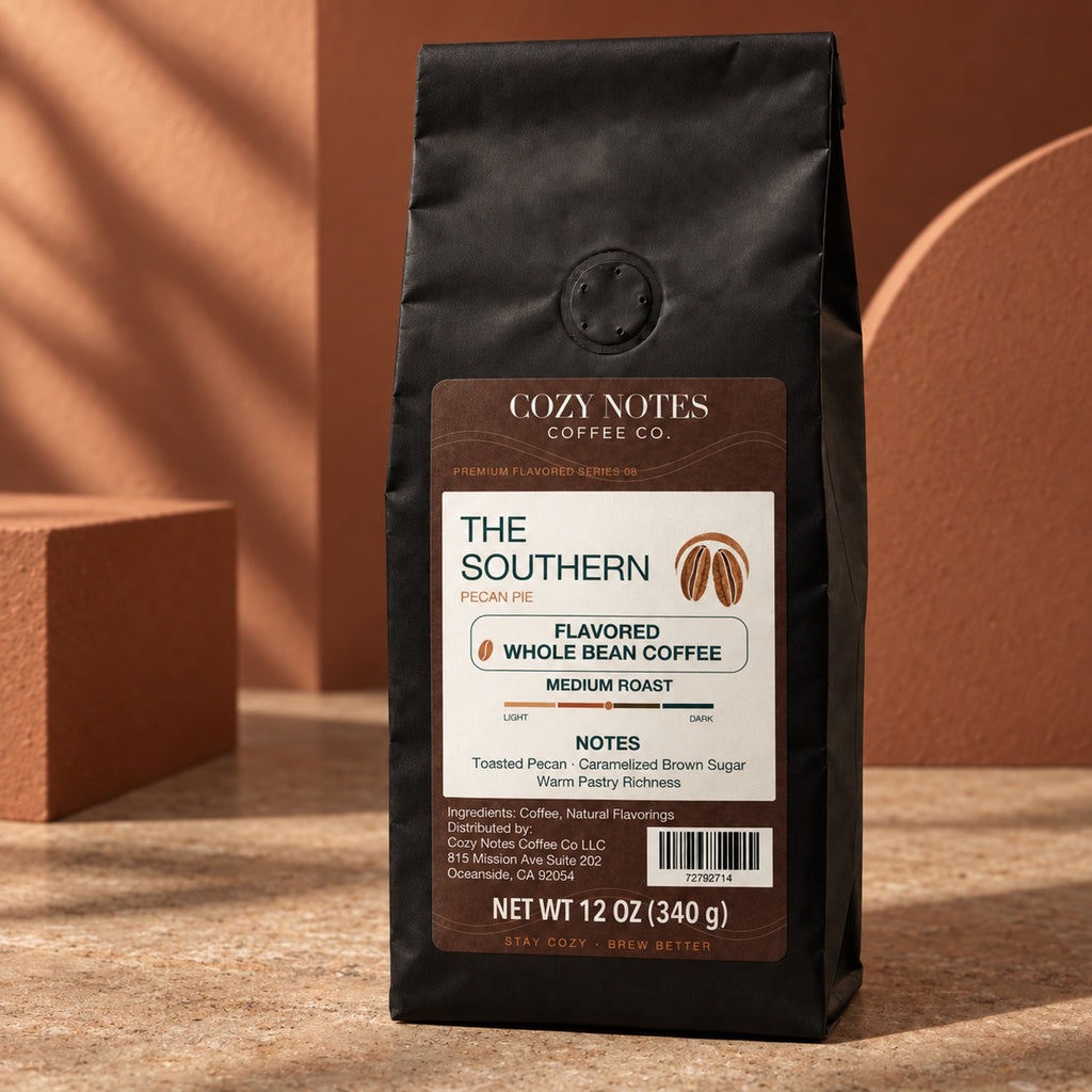 The Southern pecan pie flavored whole bean coffee, medium roast, 12 oz — editorial photograph.