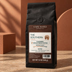 The Southern pecan pie flavored whole bean coffee, medium roast, 12 oz — editorial photograph.