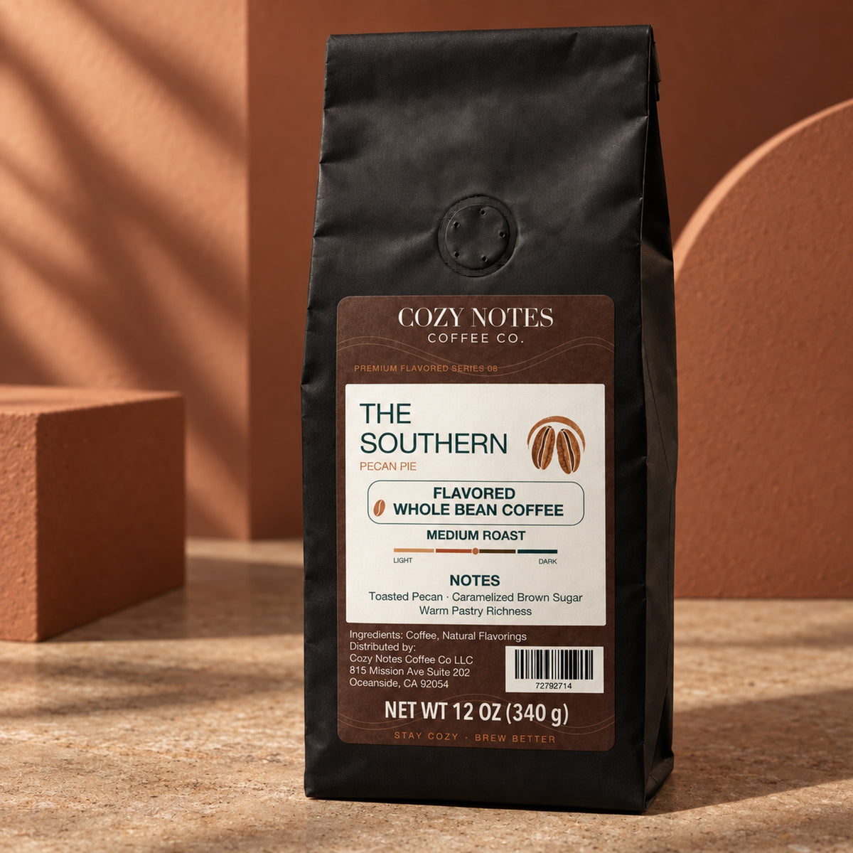 The Southern pecan pie flavored whole bean coffee, medium roast, 12 oz — editorial photograph.