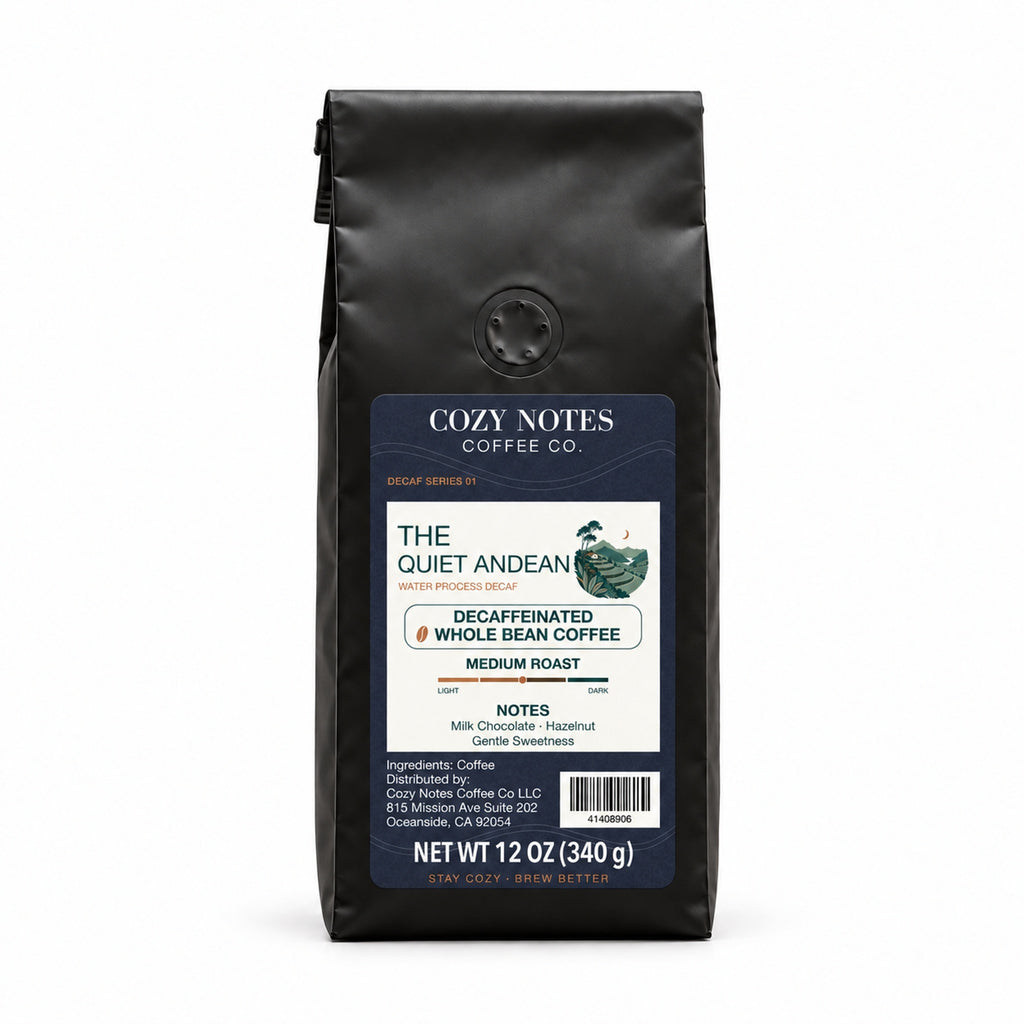 Cozy Notes Coffee THE QUIET ANDEAN, decaffeinated whole bean coffee, 12oz, medium roast — front product view on white