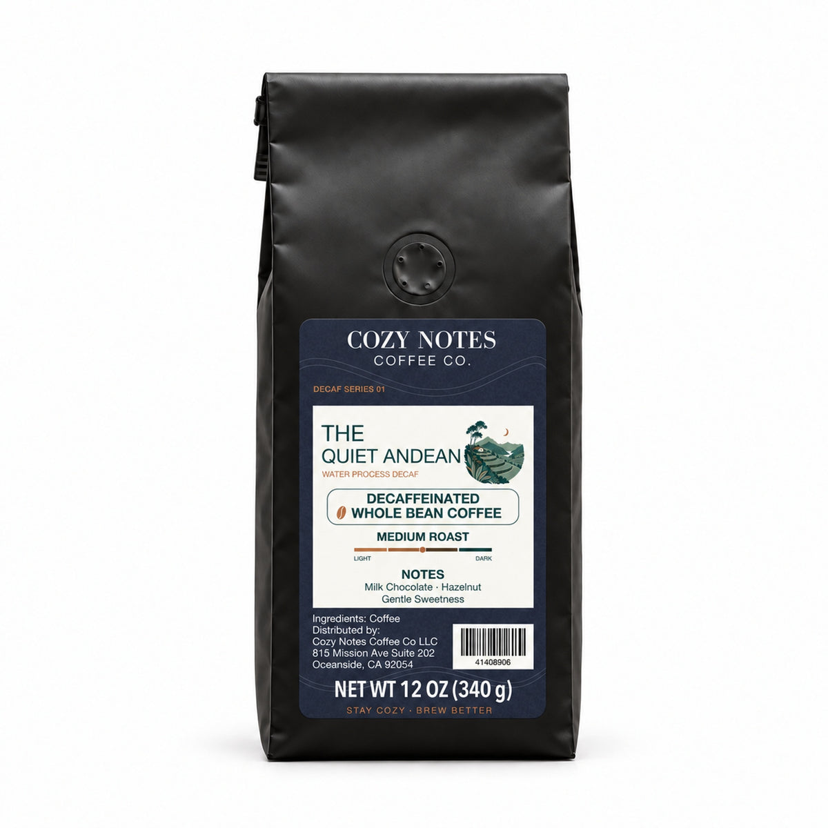 Cozy Notes Coffee THE QUIET ANDEAN, decaffeinated whole bean coffee, 12oz, medium roast — front product view on white