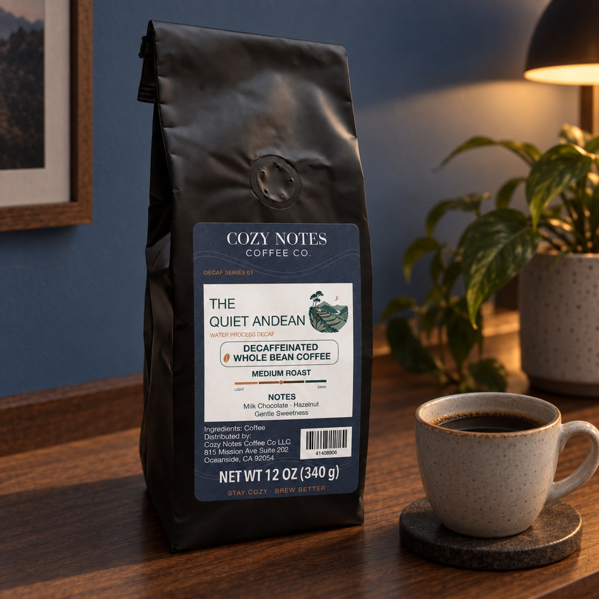 Cozy Notes Coffee THE QUIET ANDEAN, decaffeinated whole bean coffee, 12oz, medium roast — coffee setting