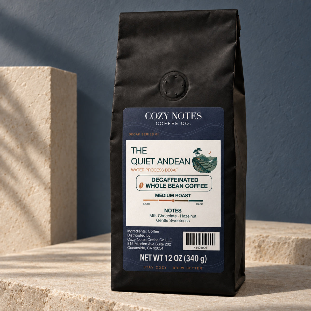 Cozy Notes Coffee THE QUIET ANDEAN, decaffeinated whole bean coffee, 12oz, medium roast — editorial product photograph