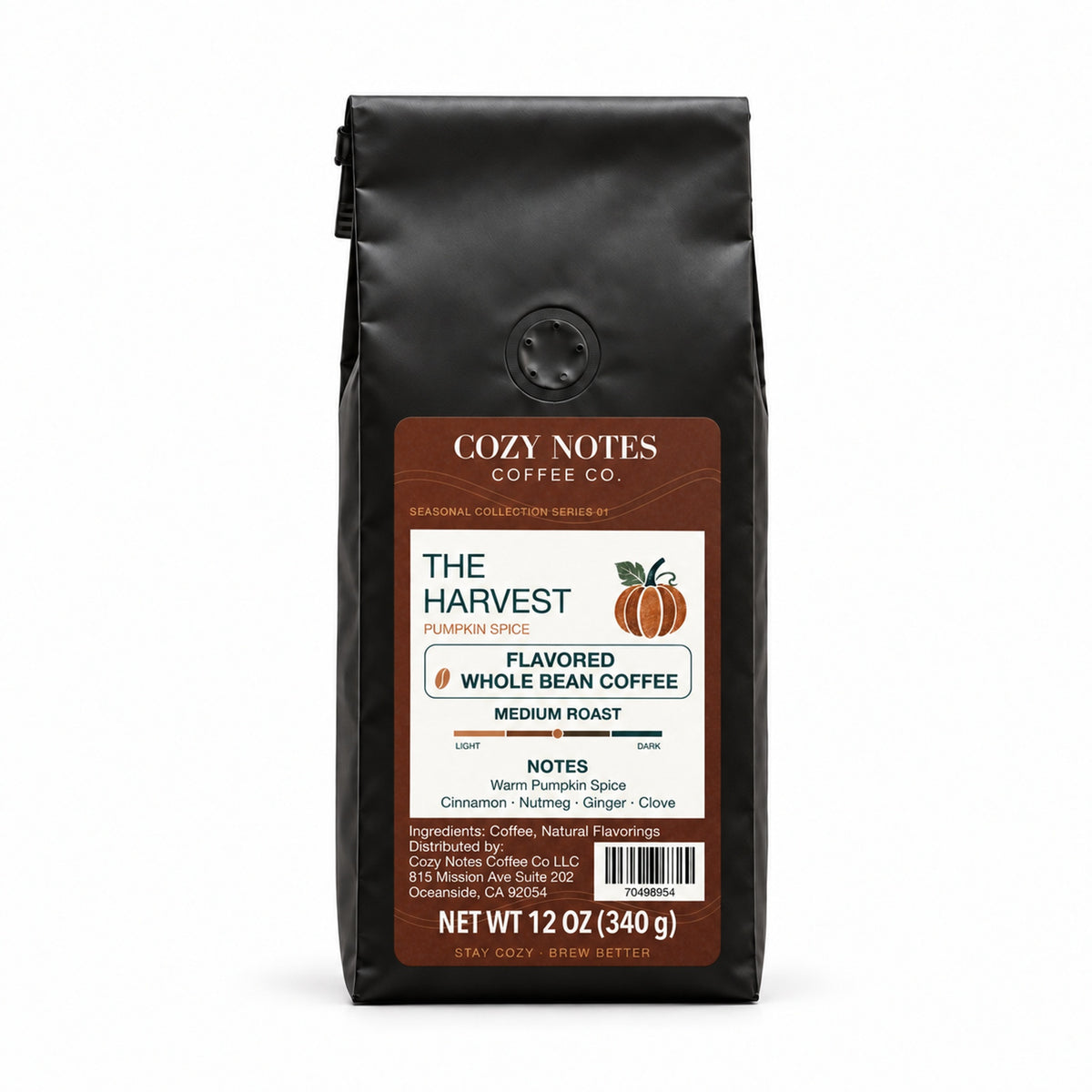THE HARVEST, flavored whole bean coffee, medium roast, 12oz — main photograph.