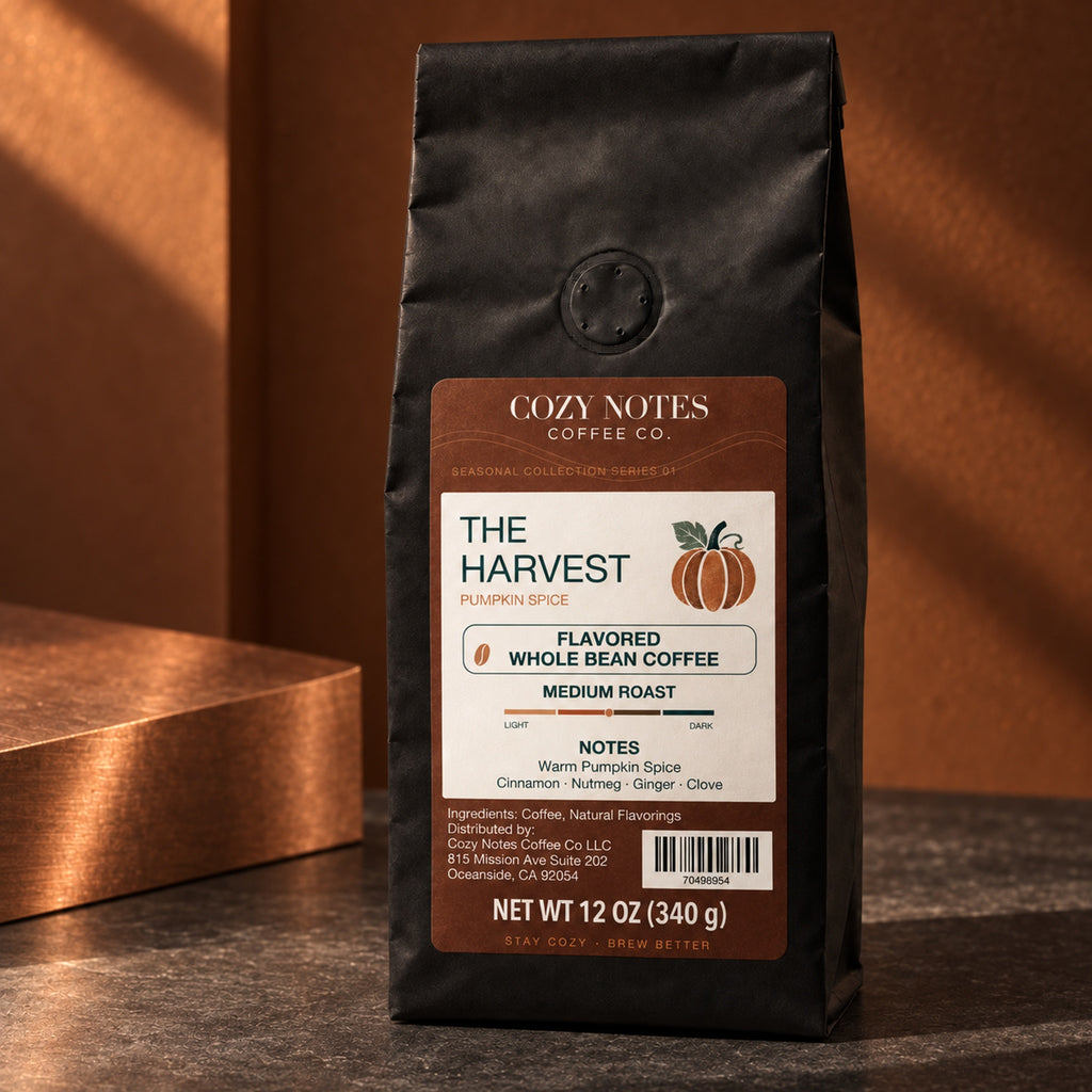 THE HARVEST, flavored whole bean coffee, medium roast, 12oz — editorial photograph.