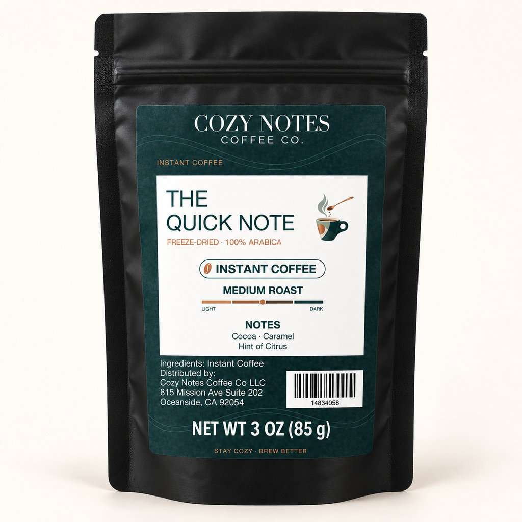 The Quick Note medium-roast instant coffee in the current Cozy Notes 3 oz resealable pouch.