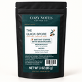 The Quick Spore medium-roast mushroom instant coffee in the current Cozy Notes 3 oz pouch.