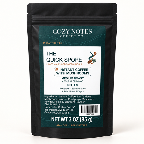 The Quick Spore medium-roast mushroom instant coffee in the current Cozy Notes 3 oz pouch.