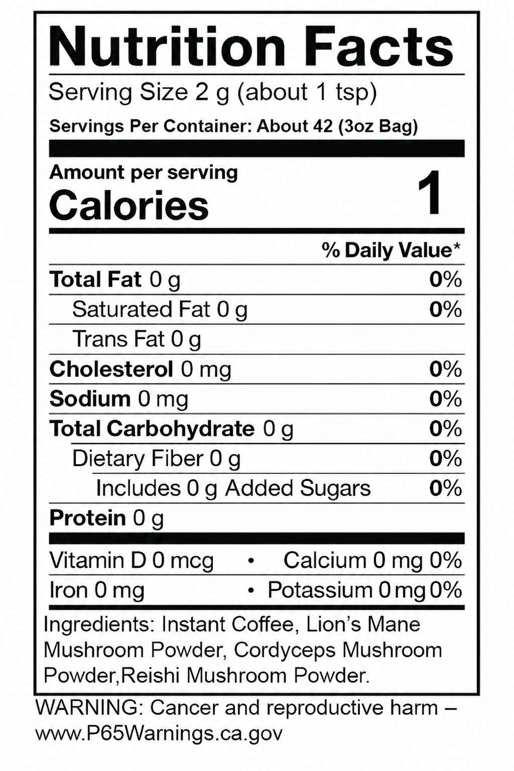 Instant coffee with mushrooms, 3 oz (85 g). Supplier Nutrition Facts: serving 2 g, about 42 servings, 1 calorie. Ingredients and Proposition 65 warning included.