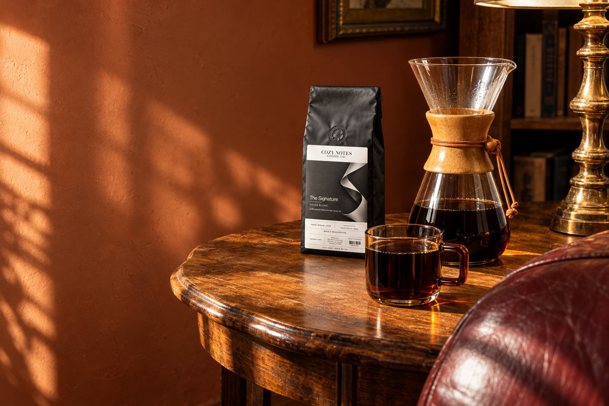 The Signature coffee bag beside a glass brewer and a cup of coffee on a sunlit wooden table.