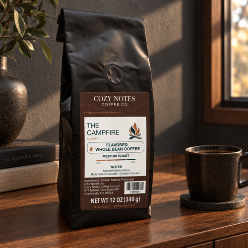 The Campfire S'mores flavored whole bean coffee, medium roast, 12 oz — lifestyle photograph.