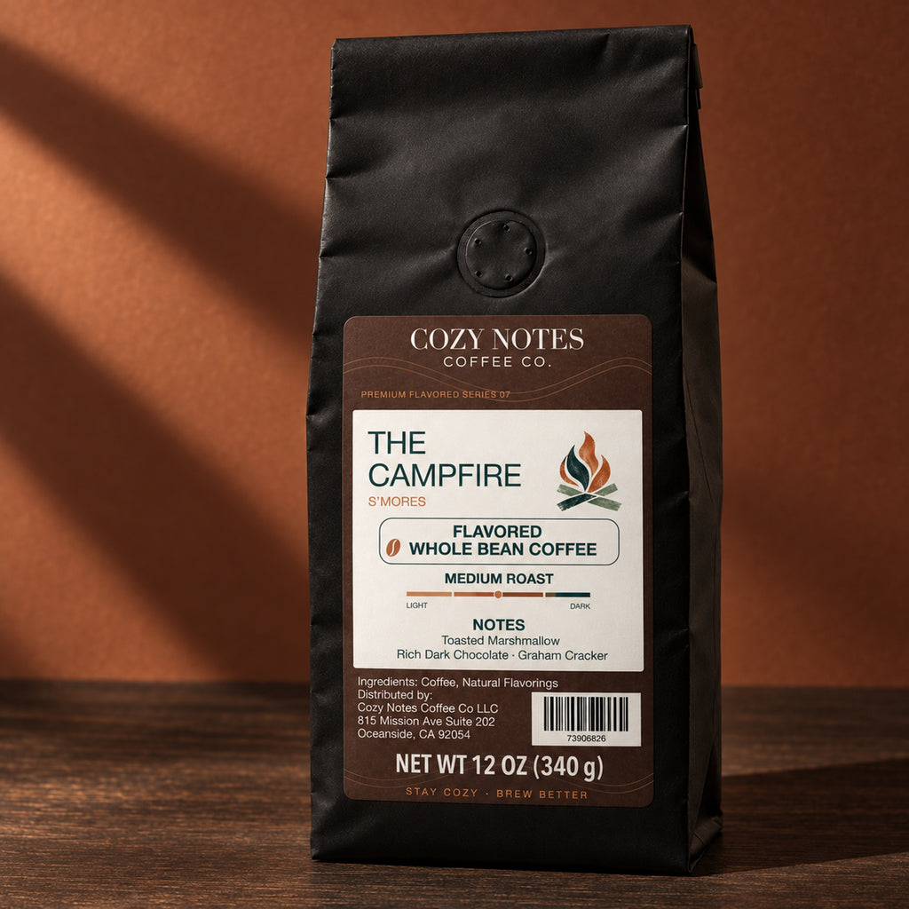The Campfire S'mores flavored whole bean coffee, medium roast, 12 oz — editorial photograph.