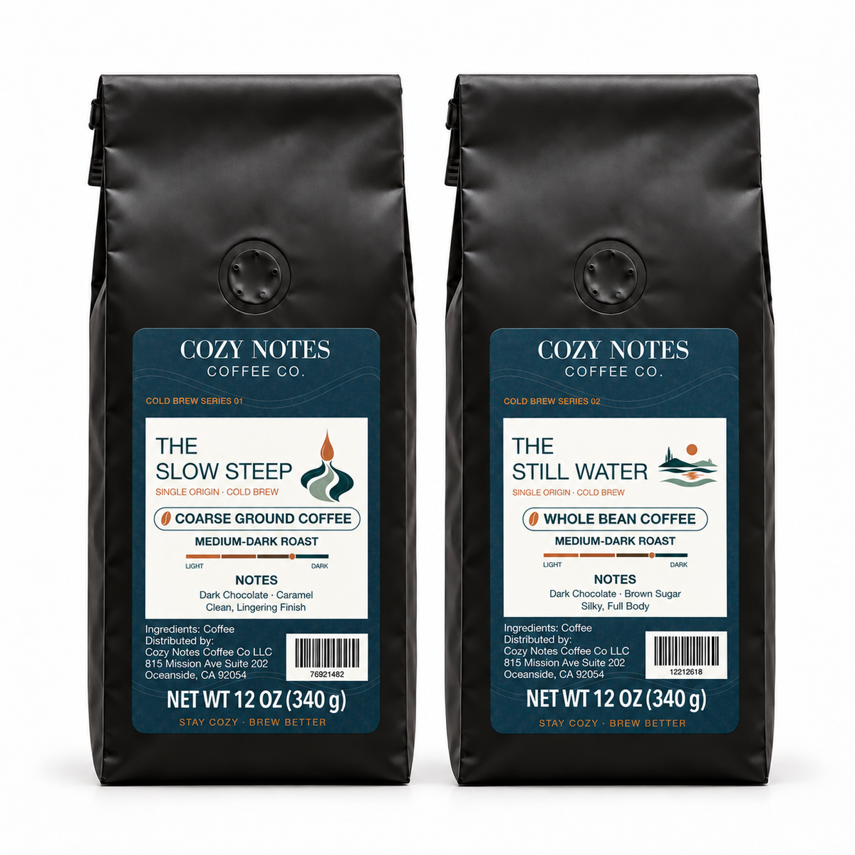 The Steep Set: The Slow Steep and The Still Water in current Cozy Notes packaging.