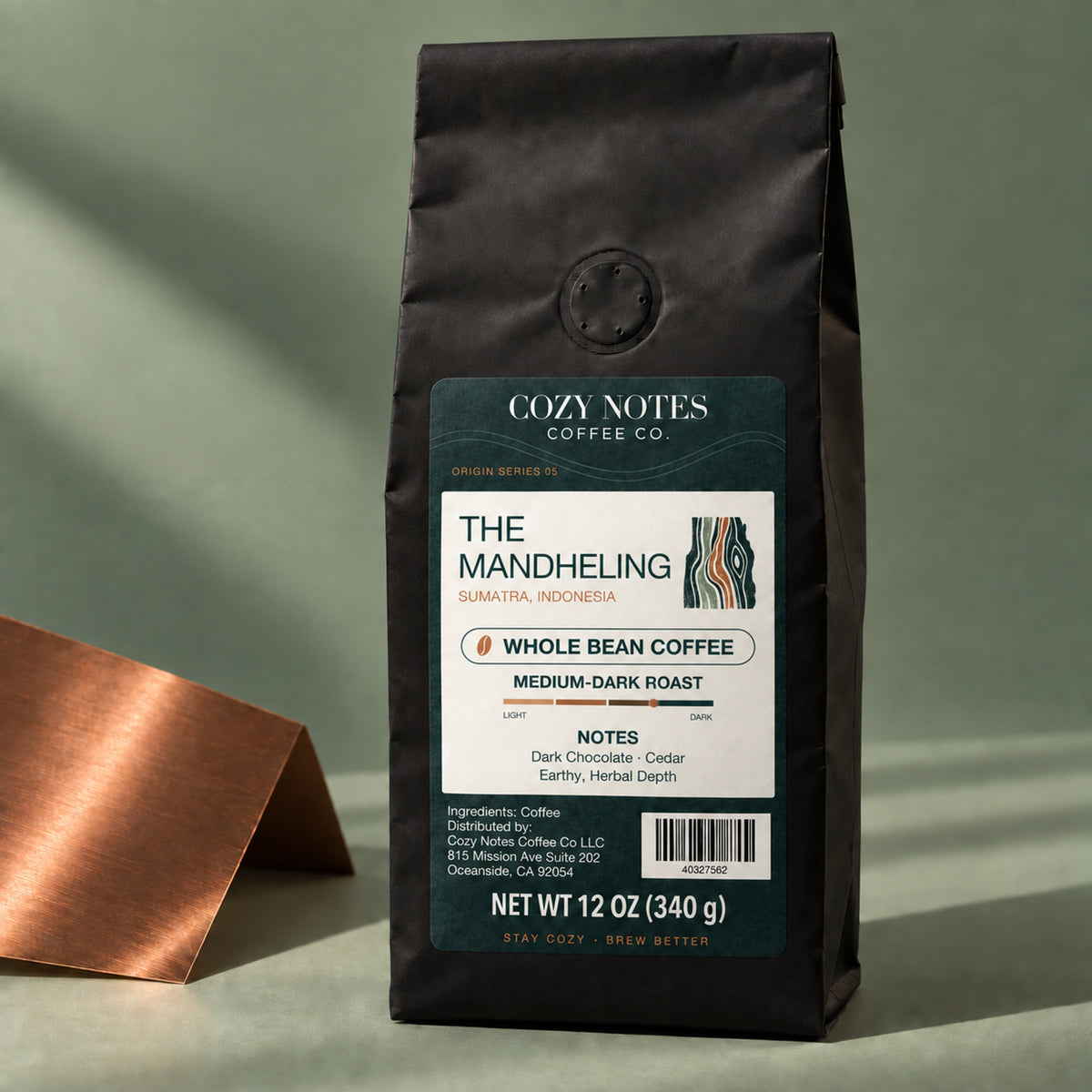 THE MANDHELING, medium-dark roast, whole bean, 12oz — editorial product photograph.