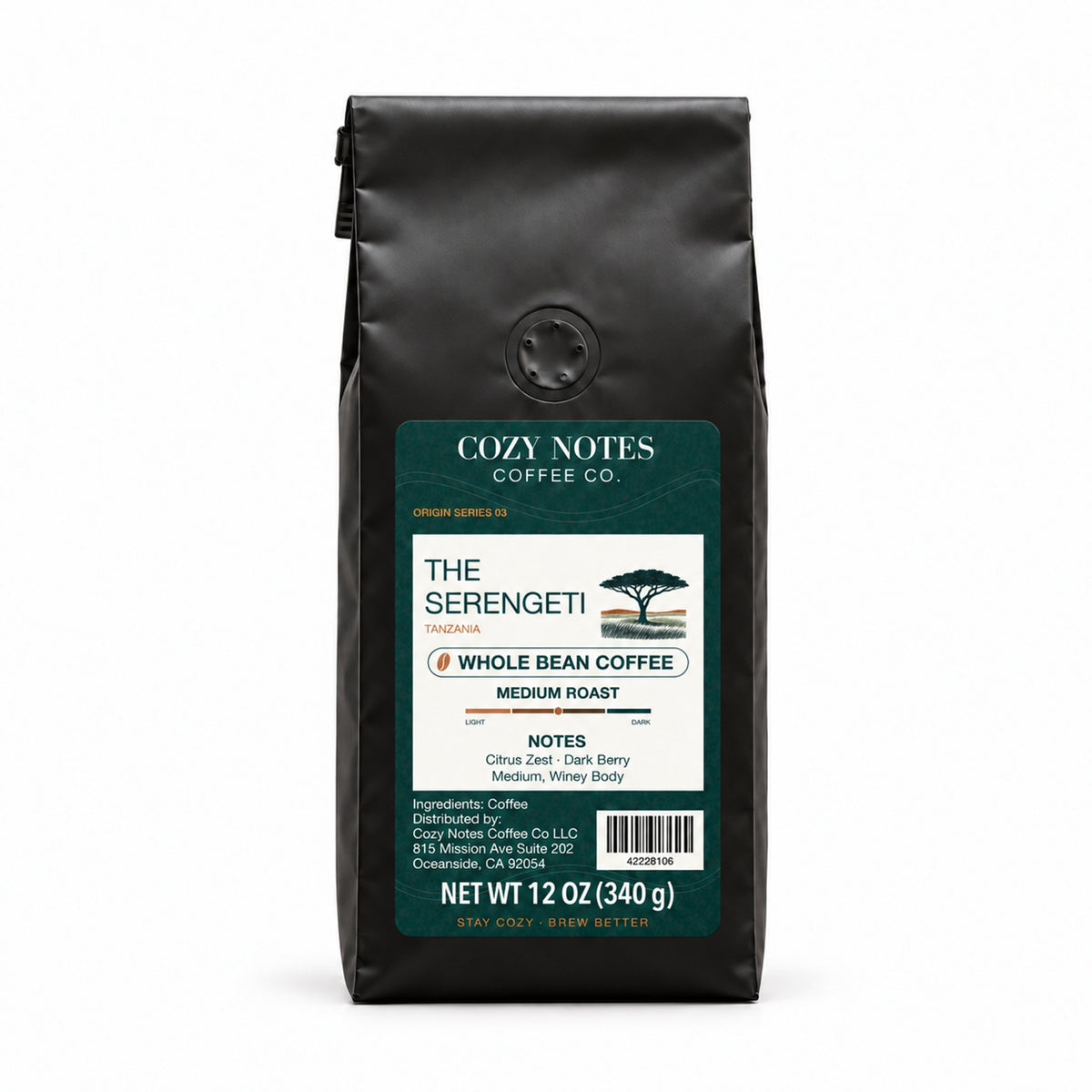 The Serengeti Tanzania medium roast whole bean coffee, 12 oz — main photograph.